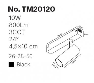 Inlight Φωτιστικό spot LED 10W, 3CCT, 24° για μαγνητική ράγα 220V, σε μαύρη απόχρωση D:4,5x10cm (TM20120)