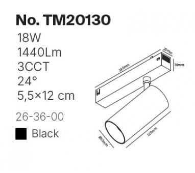 Inlight Φωτιστικό spot LED 18W, 3CCT, 24° για μαγνητική ράγα 220V, σε μαύρη απόχρωση D:5,5x12cm (TM20130)