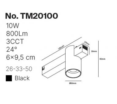 Inlight Φωτιστικό spot LED 10W, 3CCT, 24° για μαγνητική ράγα 220V, σε μαύρη απόχρωση D:6x9.5cm (TM20100)