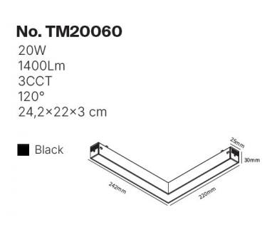 Inlight Γωνιακό γραμμικό φωτιστικό LED 20W, 3CCT, 120° για μαγνητική ράγα 220V, σε μαύρη απόχρωση D:24,2x22x3cm (TM20060)