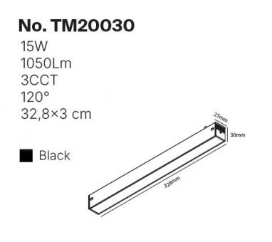 Inlight Γραμμικό Φωτιστικό LED 15W 3CCT 120° για μαγνητική Ράγα 220V  σε μαύρη απόχρωση D: 32,8x3cm (TM20030)
